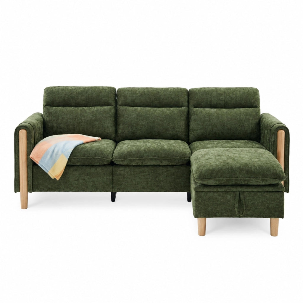 Divano a 3 posti in ciniglia verde con pouf contenitore reversibile