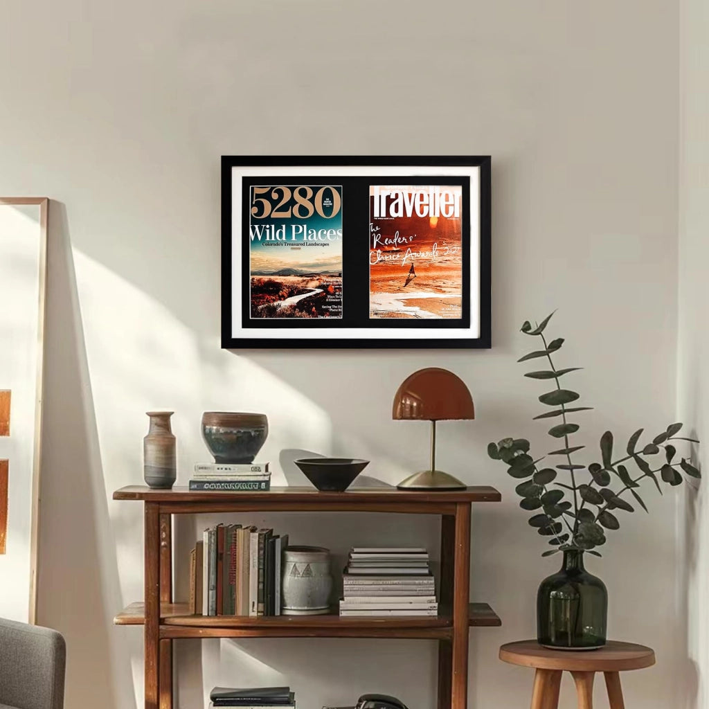 Cornice doppia per riviste in legno nero, espositori per libri, cornice per riviste sportive per riviste 8,5 x 11,25 pollici o fumetti 8 x 12 pollici, cornice per foto 14,8 x 20,7 pollici, con passepartout nero/bianco