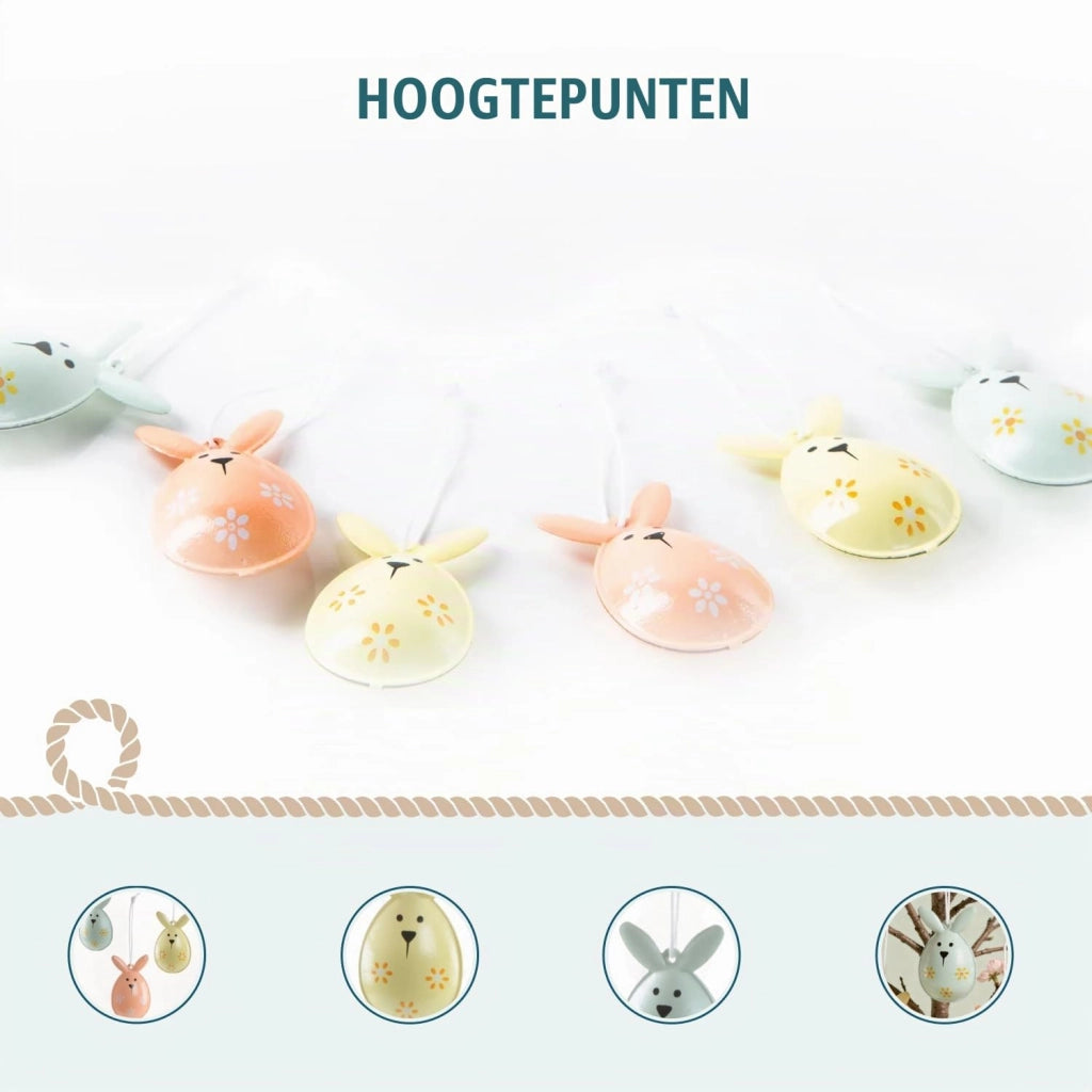 Pendenti di coniglietti pasquali in metallo, 12 pezzi: decorazione pasquale da appendere, colori pastello, 5 x 3 cm