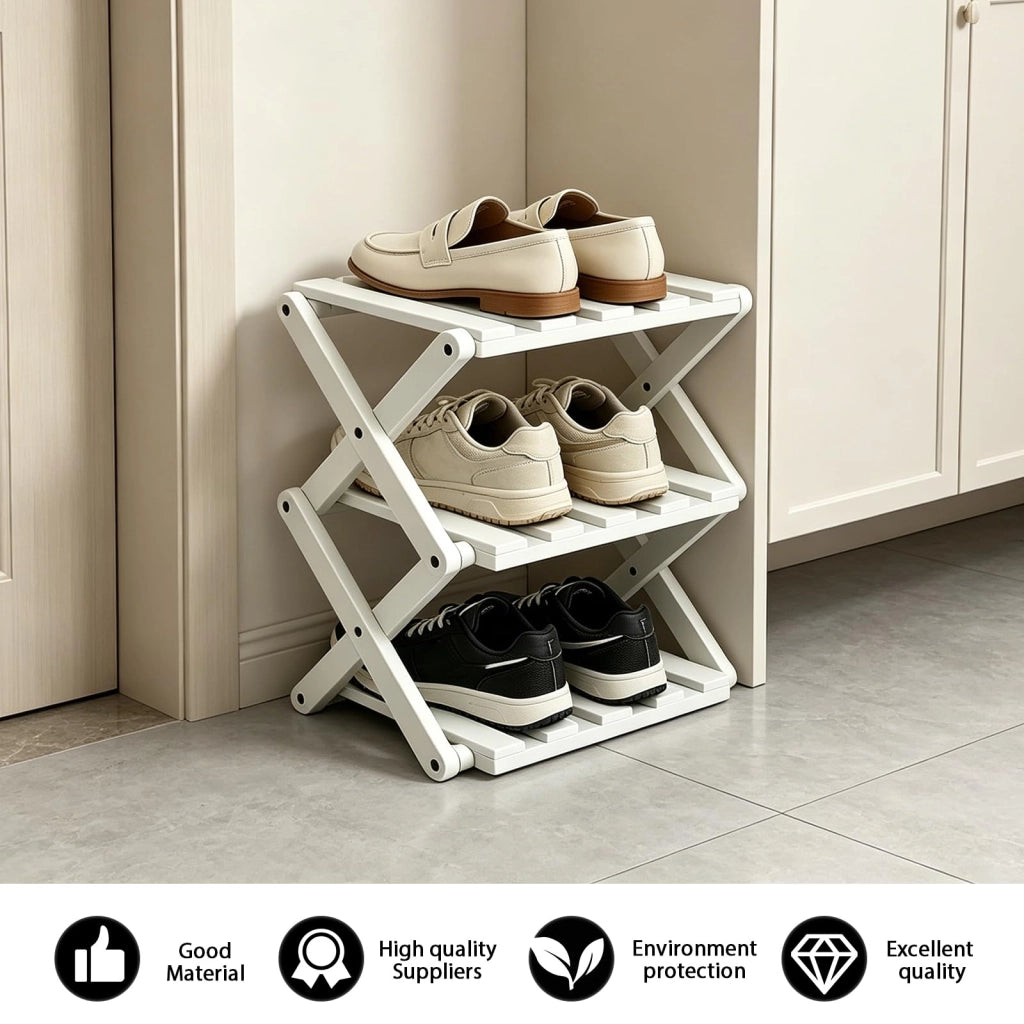 Scaffale pieghevole per scarpe, a 3 ripiani, 30 cm, salvaspazio, bianco
