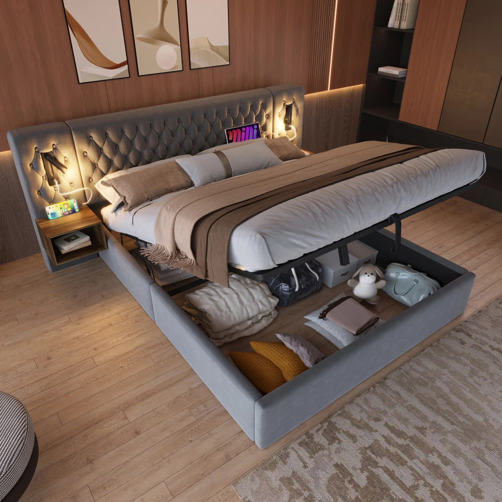 Letto matrimoniale 160x200 cm con contenitore idraulico; velluto grigio; 2 comodini; luci USB e materasso incluso
