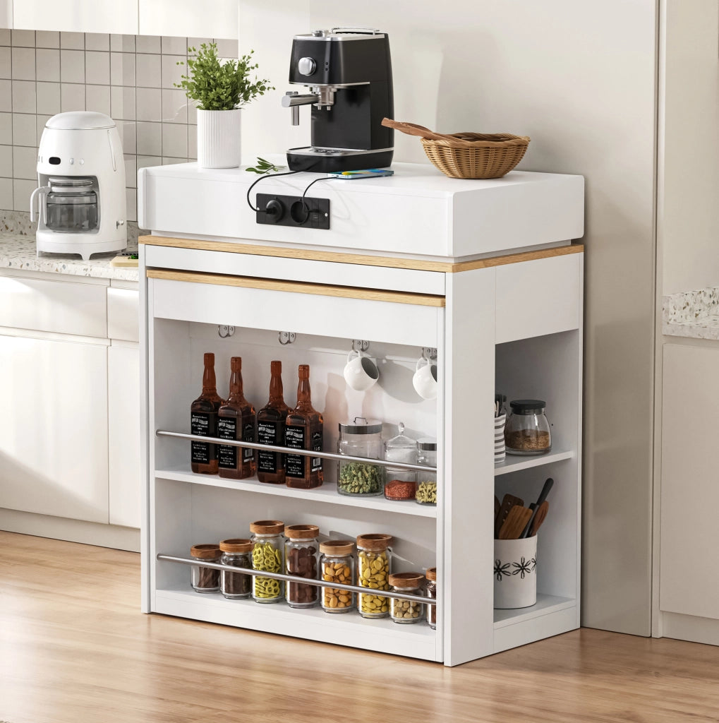 Isola cucina allungabile IVMEU 83x46¨C146,5x96 cm con piano pieghevole, prese e vani, bianca effetto legno