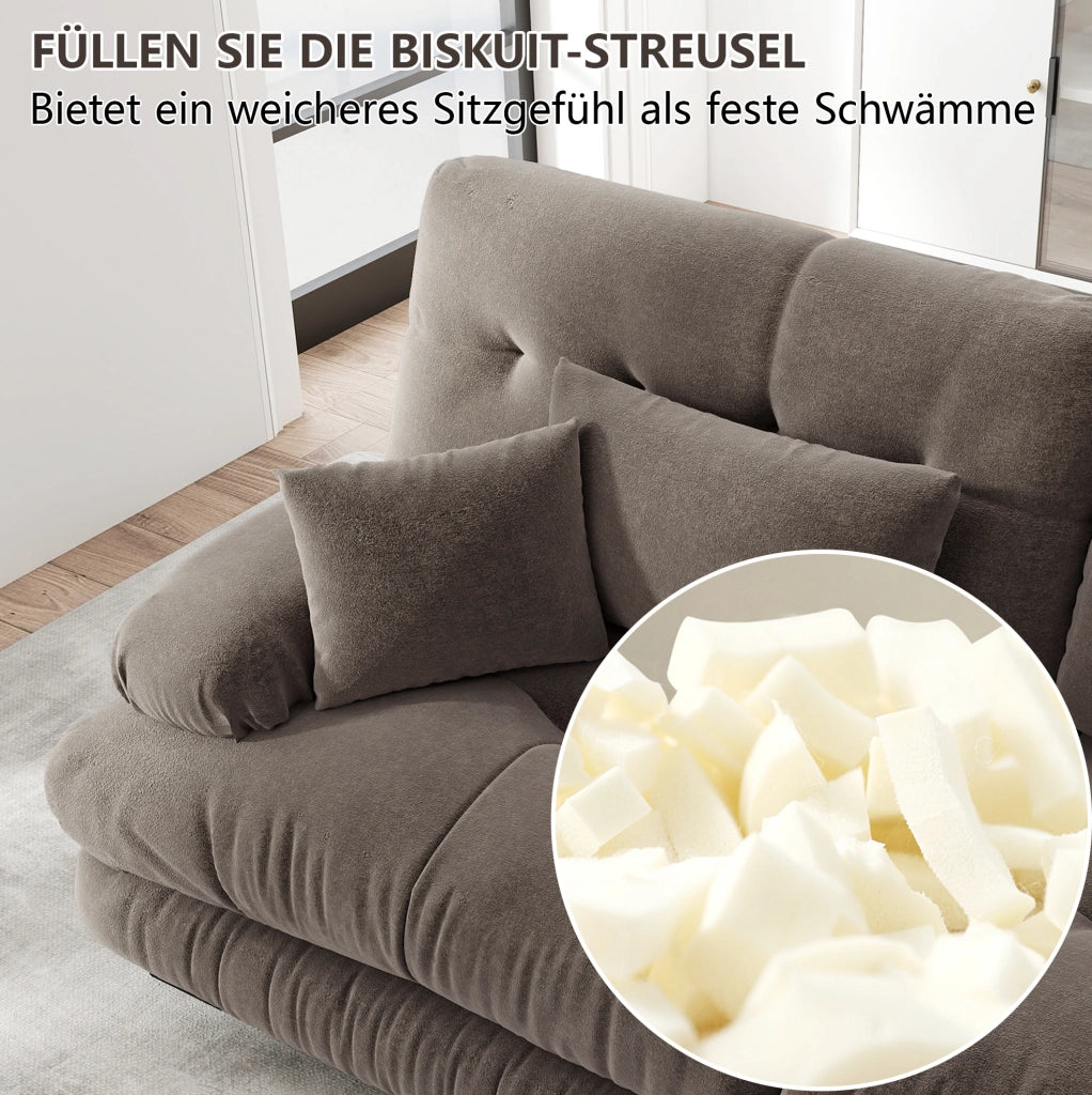 Divano modulare ULEVR in chenille marrone con seduta profonda, cuscini decorativi e lombari