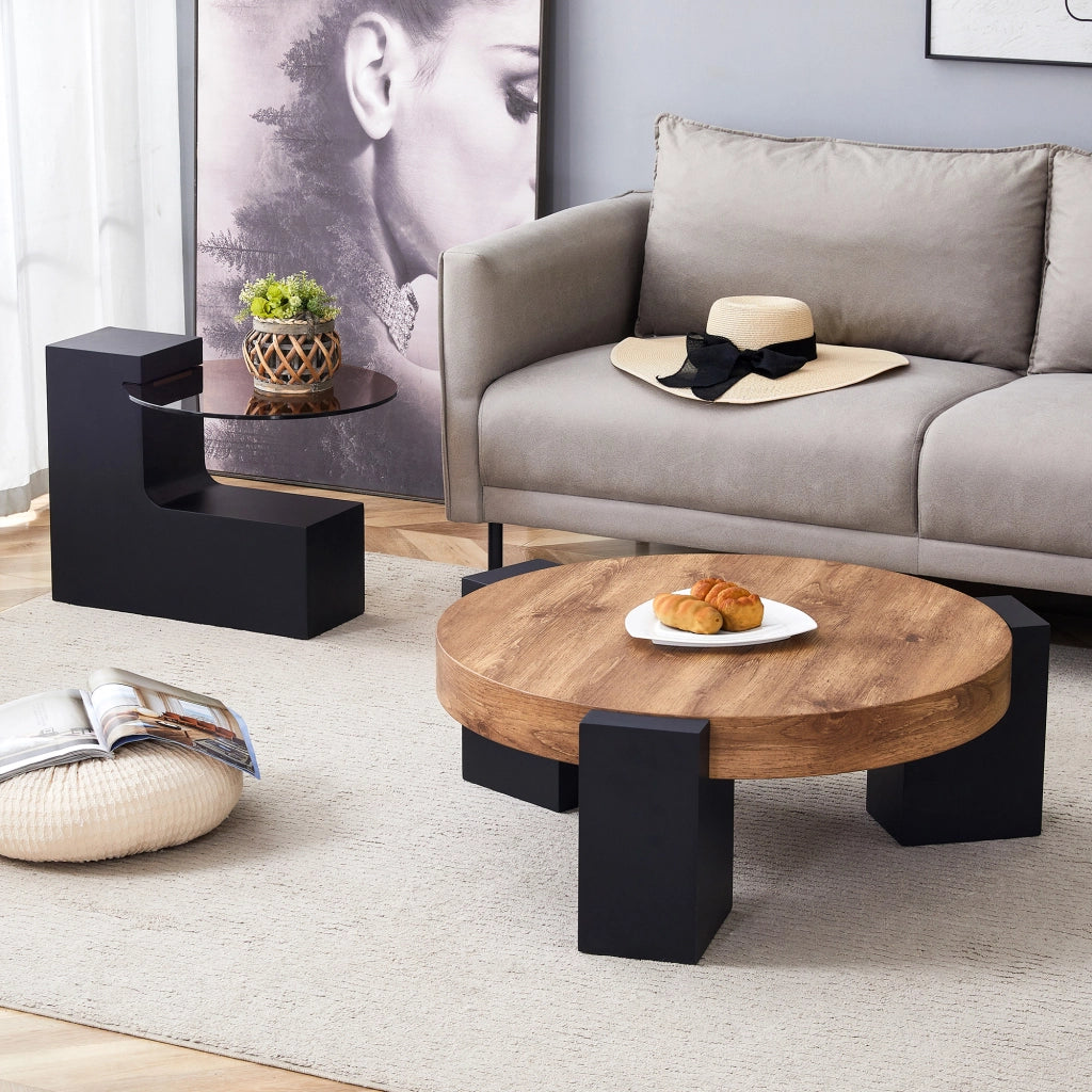 Tavolino da salotto rotondo a 2 ripiani componibile in vetro e MDF nero legno