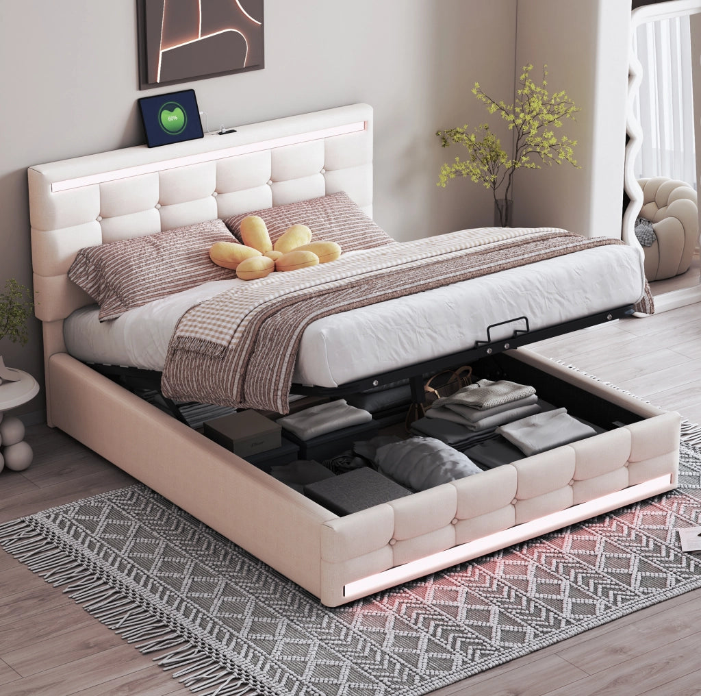 Letto matrimoniale 140x200 cm con contenitore idraulico; LED e 2 porte USB; beige