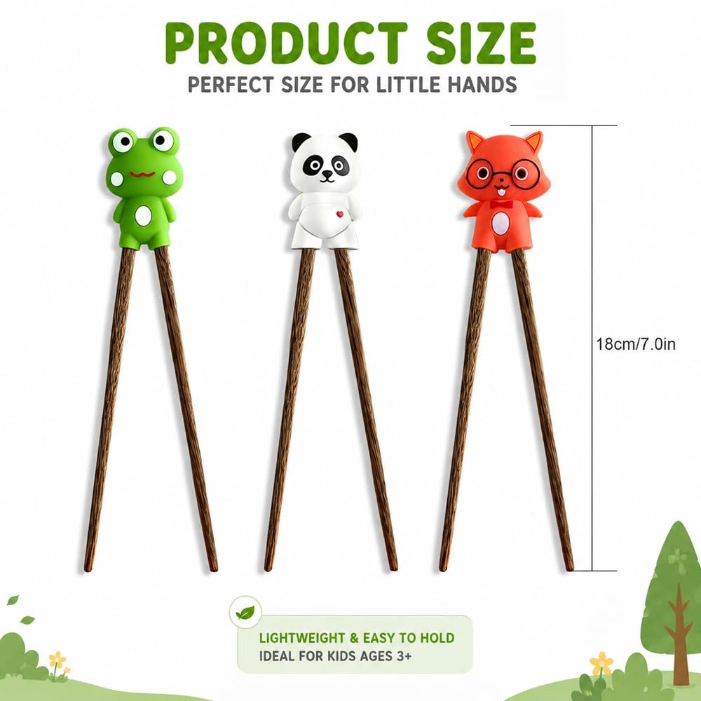 Kinder-Esstäbchen: 3 paia, con motivi animali, bacchette da allenamento, silicone e legno