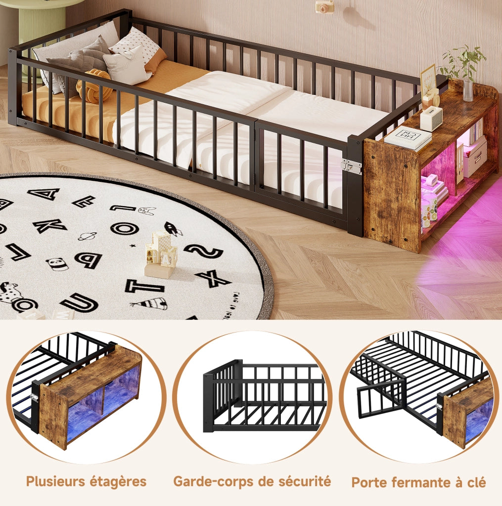 Letto singolo per bambini 90x200 cm con sponda; vano aperto e LED in metallo e MDF; nero