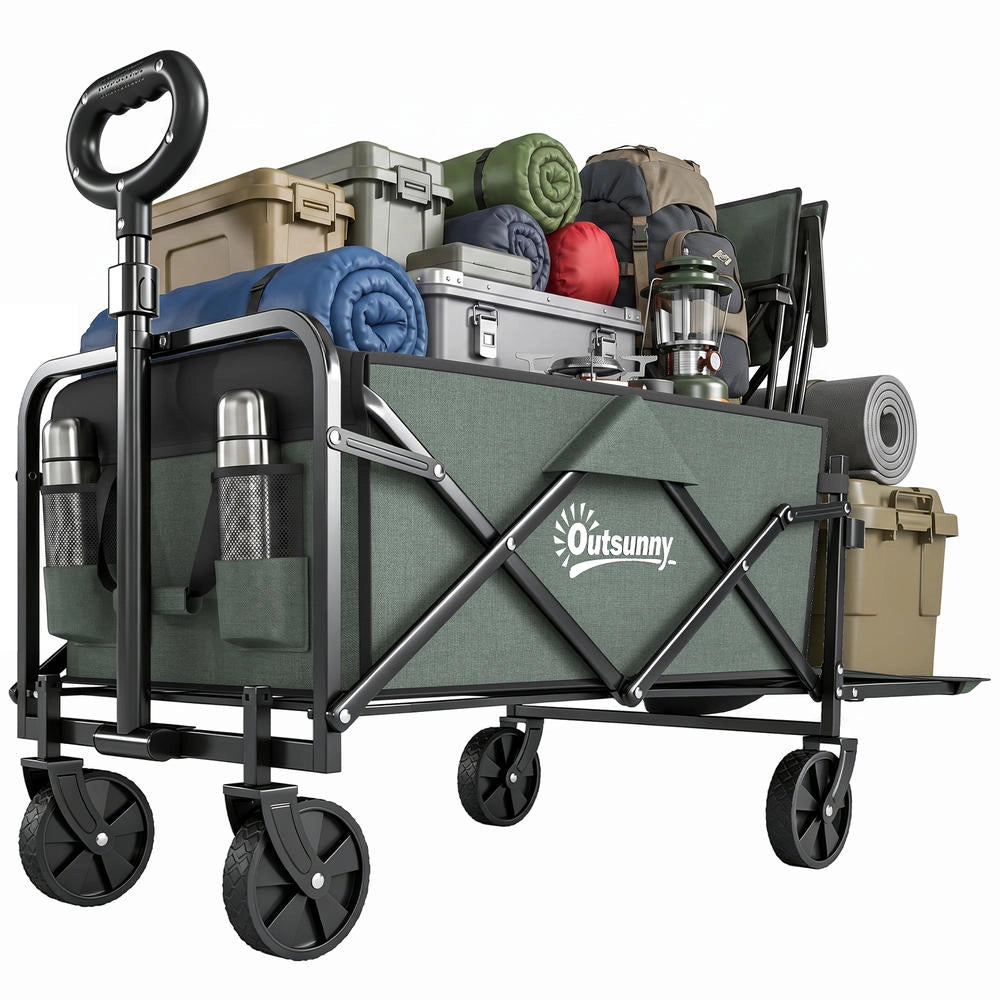 Carrello da Giardino Pieghevole 72L in Acciaio e Poliestere Verde con Pannello Apribile per Fai da Te e Campeggio 76x48x65-92 cm
