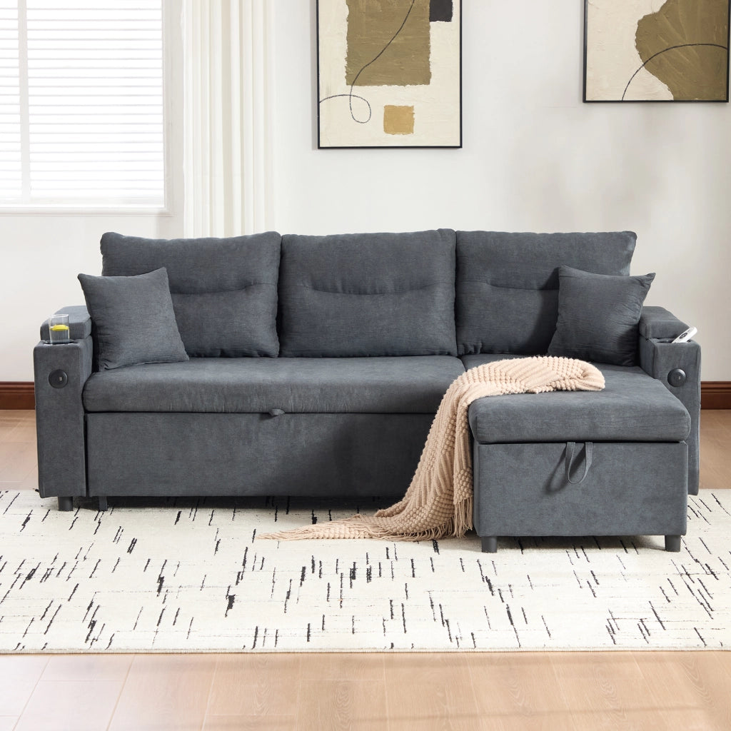 Divano letto 3 posti 212;5x136 cm con chaise longue contenitore; USB-C e portabevande; lino grigio scuro