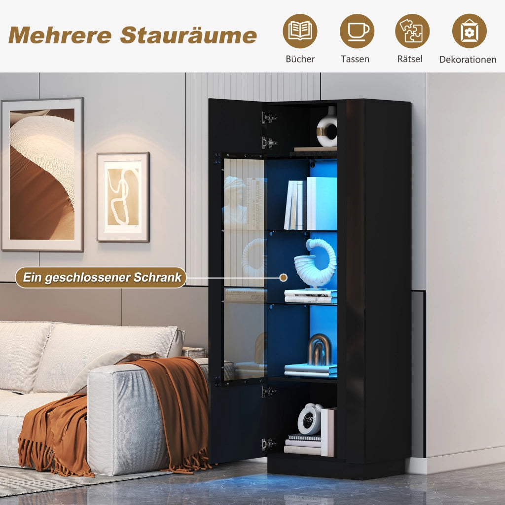 Vetrina 60 × 40 × 180 cm con LED controllato da app 5 vani porta in acrilico nera lucida con ripiani in vetro