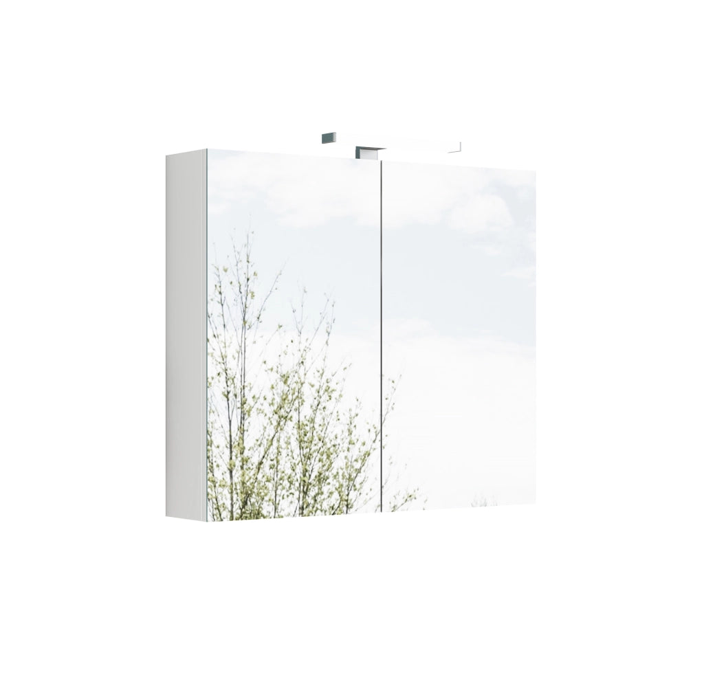 Mobiletto bagno a specchio bianco 80 cm con 2 ante, illuminazione LED e presa francese, mensole in vetro regolabili, cerniere ammortizzate, montaggio a parete