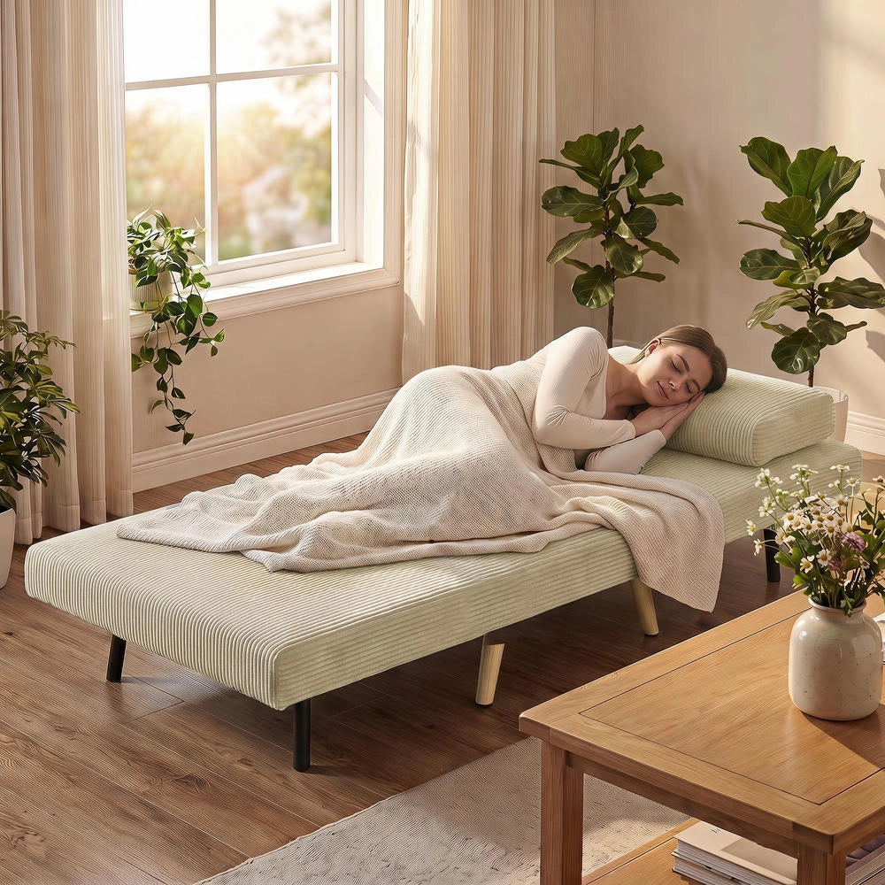 Poltrona letto singola 3 in 1 beige 90x190 cm, divano letto salvaspazio con schienale regolabile a 6 posizioni per casa