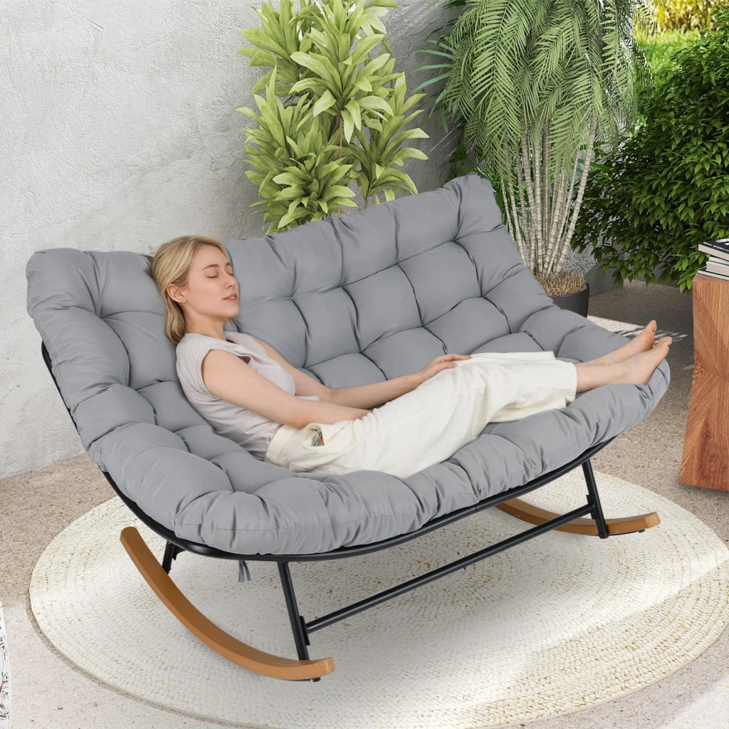 Sedia a dondolo papasan doppia 2 posti in metallo grigio con cuscino spesso 20 cm, poltrona relax per giardino e casa