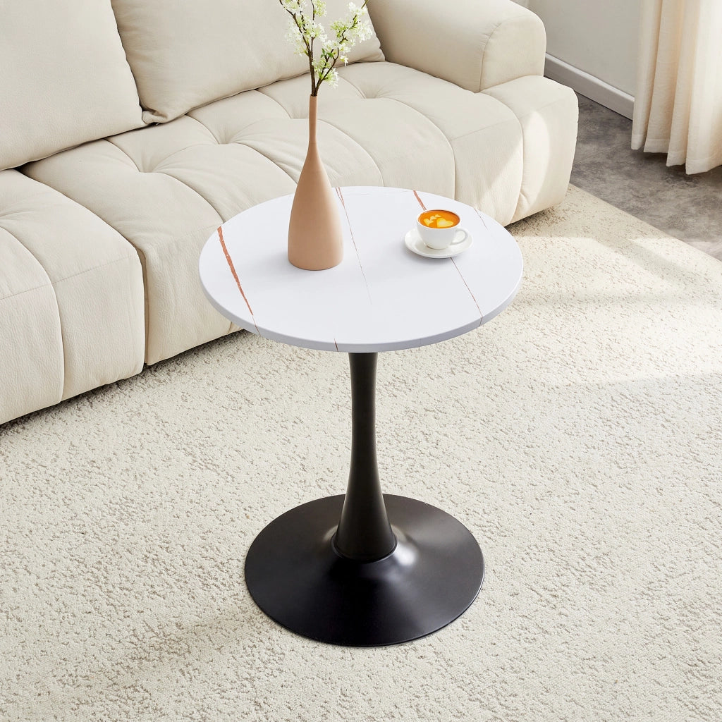 Tavolino da salotto rotondo in MDF e metallo bianco e nero con base centrale e piedini antiscivolo