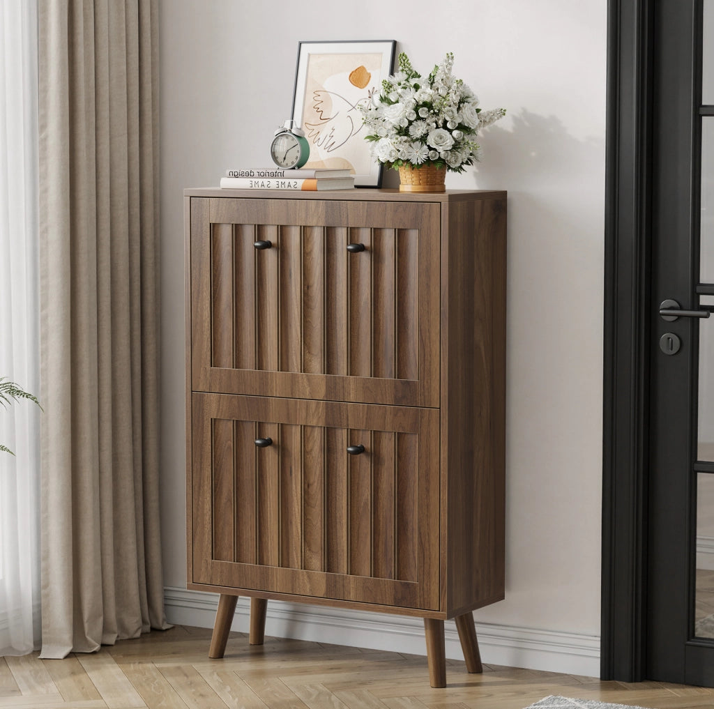 Scarpiera IVMEU 60x24x95 cm color noce con 2 ribalte, divisori regolabili e vano aperto per ingresso