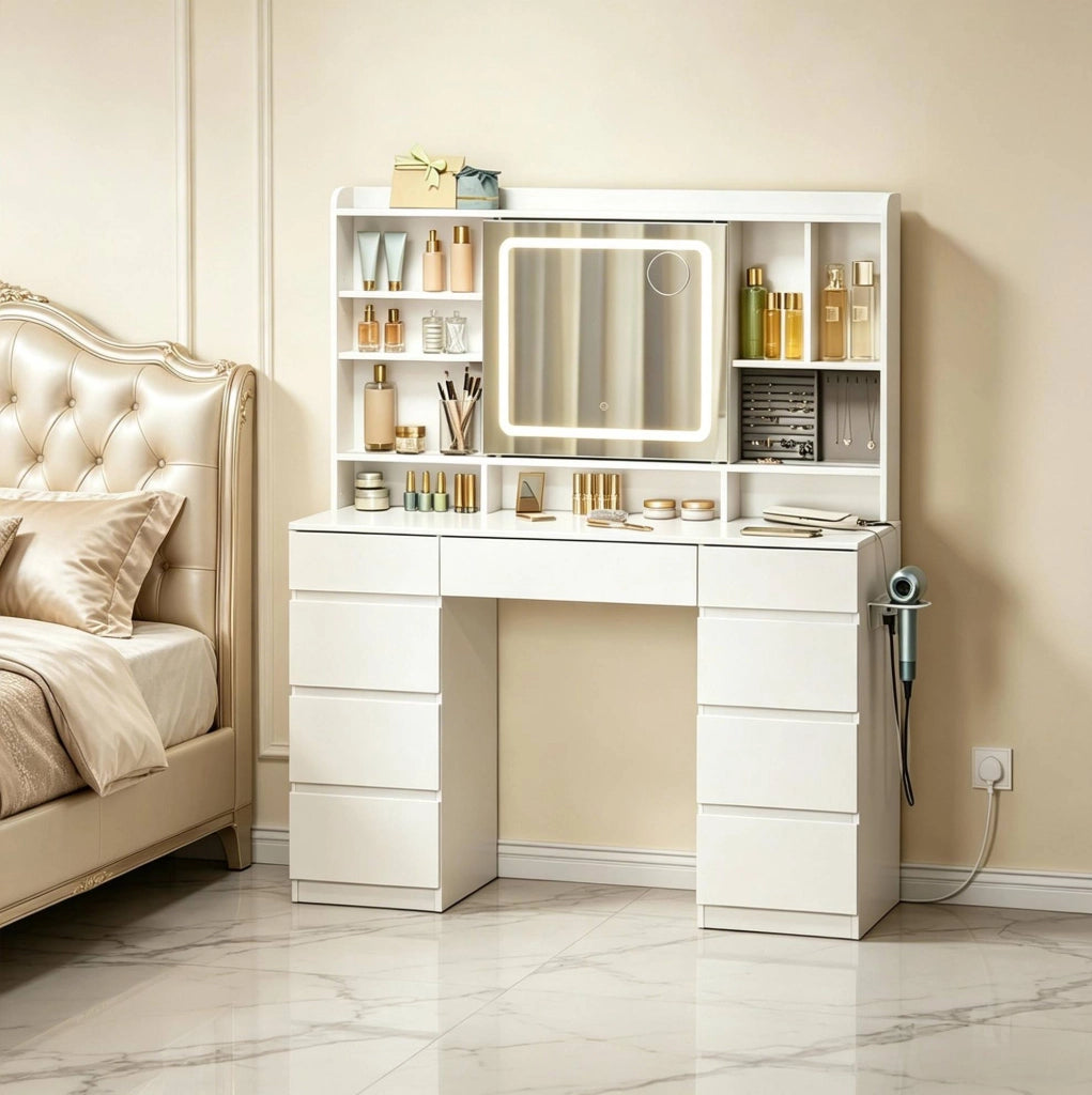 TAVOLO da trucco con specchio scorrevole e LED 110x40x140 cm bianco