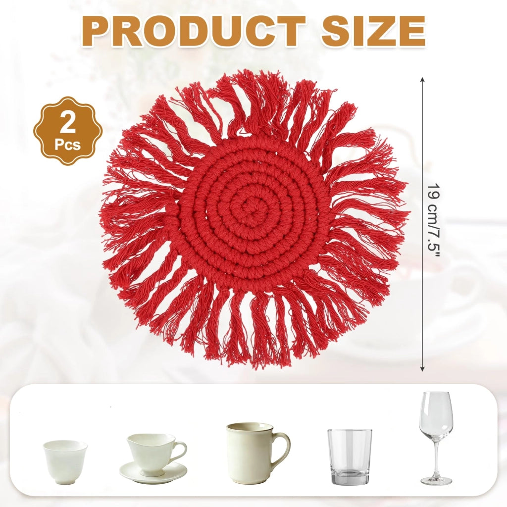 Set di 2 sottopiatti in cotone, stile boho, colore rosso, diametro 19 cm