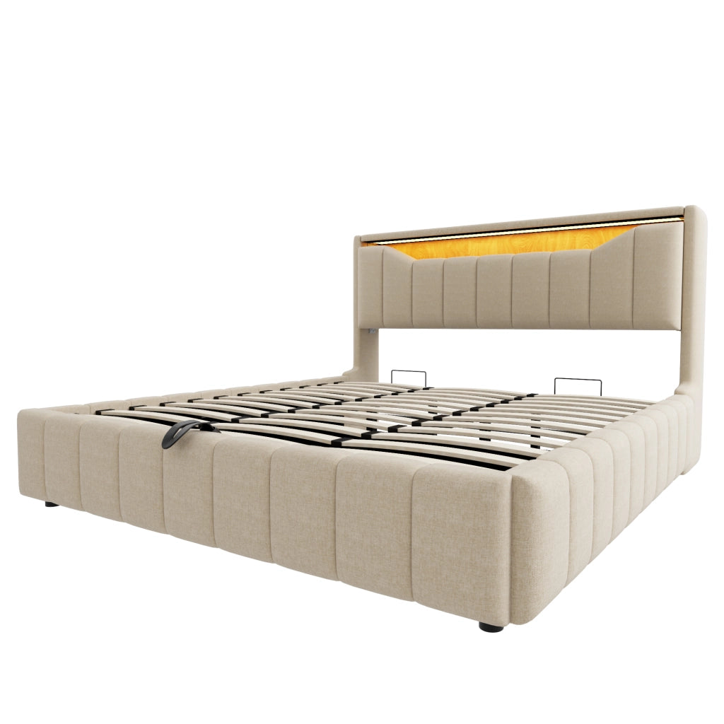 Letto matrimoniale contenitore 180x200 cm; imbottito beige in lino; LED e prese USB
