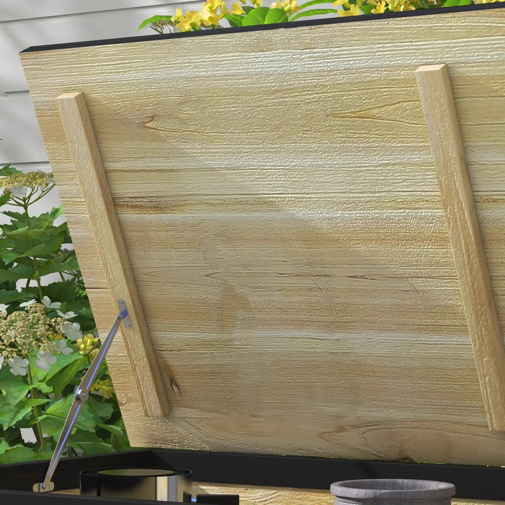 Baule da esterno in legno naturale da 121 litri con coperchio e due ruote per attrezzi da giardino e cuscini