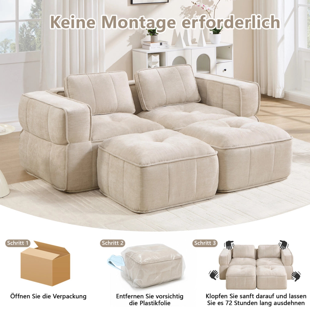 Divano modulare beige in poliestere con pouf