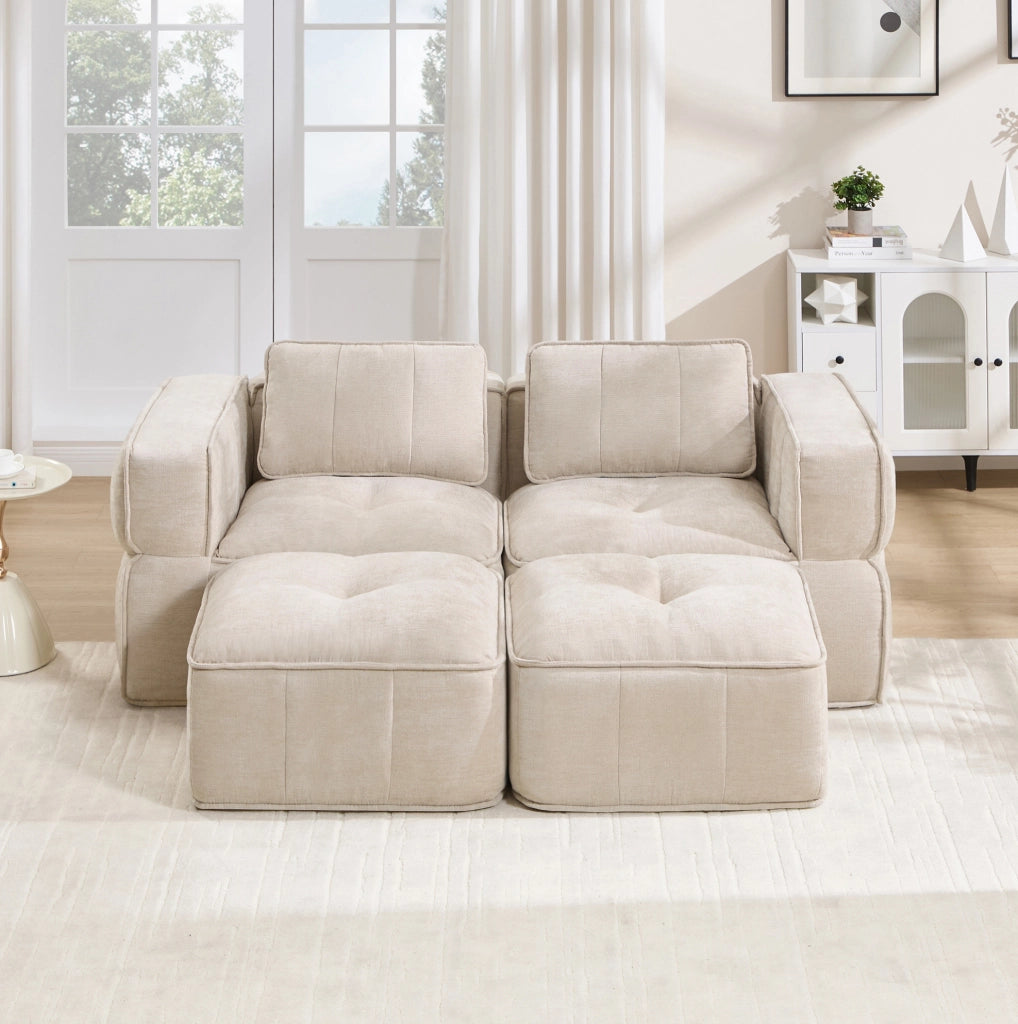 Divano modulare beige in poliestere con pouf