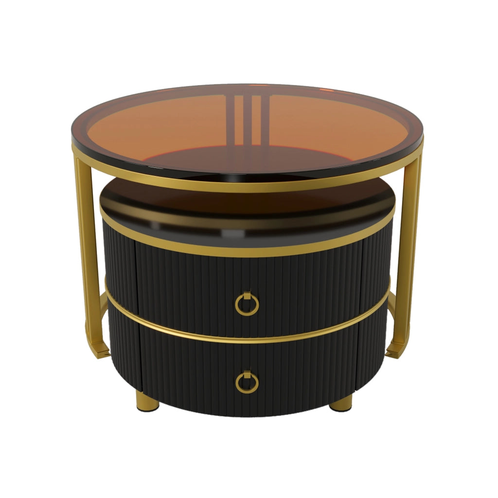 Tavolino da salotto set di 2 rotondi con 2 cassetti in MDF e vetro temprato nero e oro con gambe in metallo