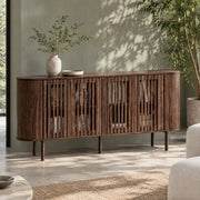Credenza 160x40x70 cm in MDF con 4 ante scorrevoli traforate e ripiani regolabili; noce