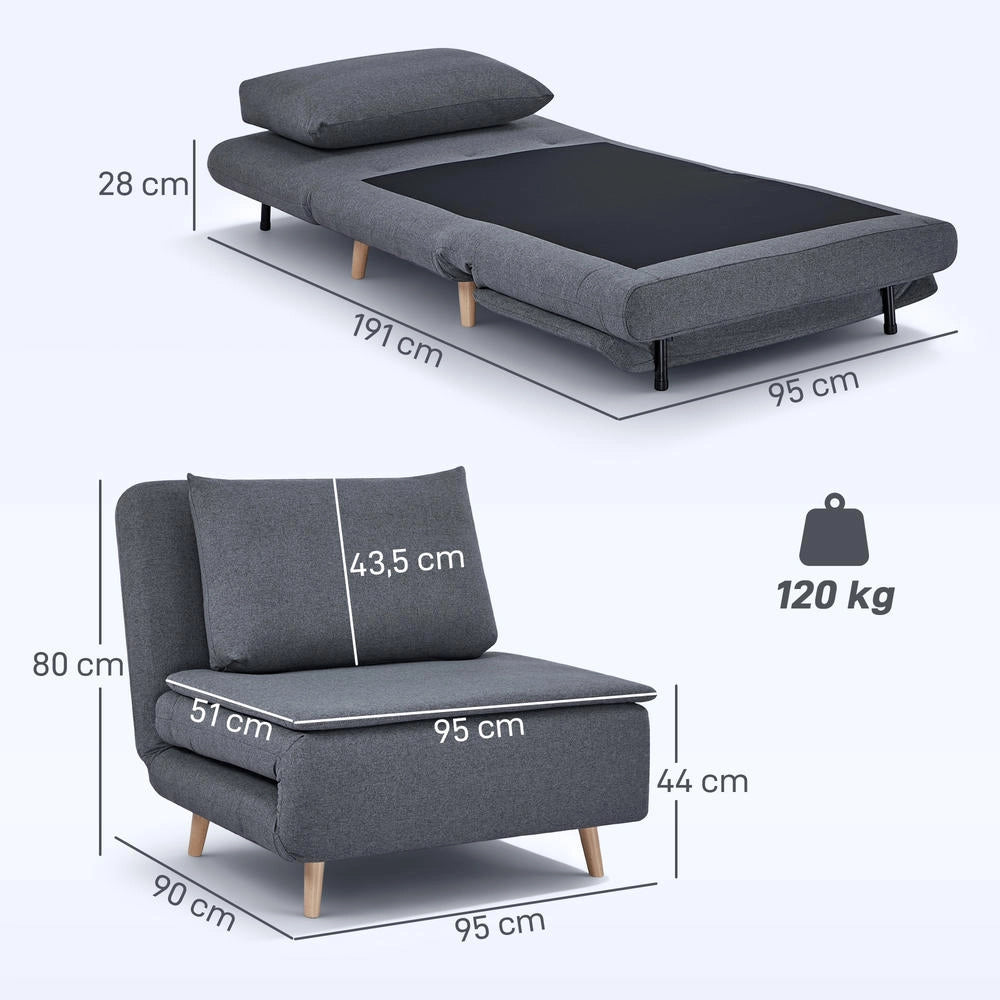 Poltrona letto 3 in 1 trasformabile con schienale regolabile e gambe in faggio, poltrona reclinabile moderna salvaspazio con cuscino, grigio
