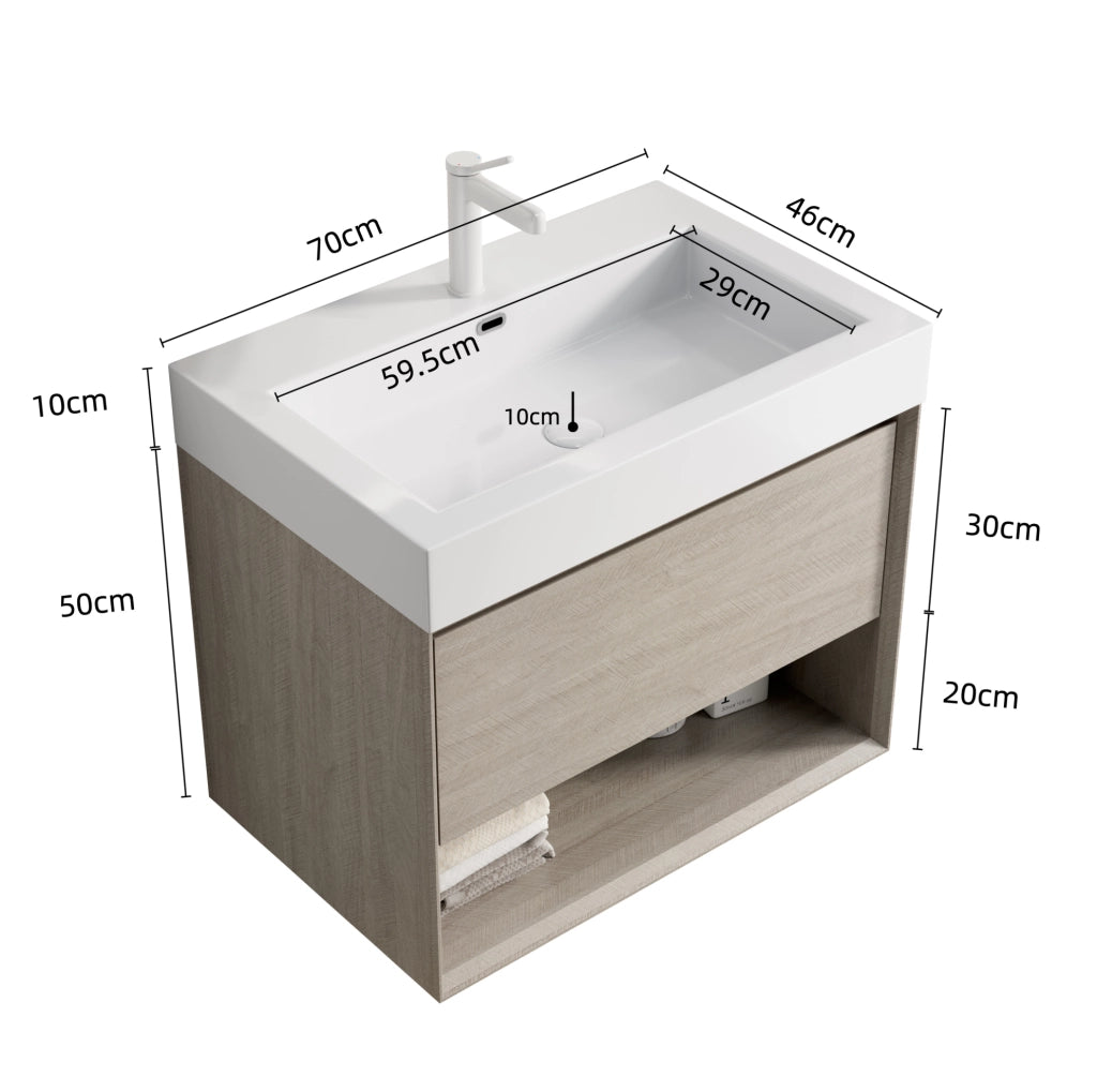 Mobile bagno sospeso IVMEU 70 cm con lavabo integrato in resina, cassetto e ripiano aperto, rovere chiaro e bianco