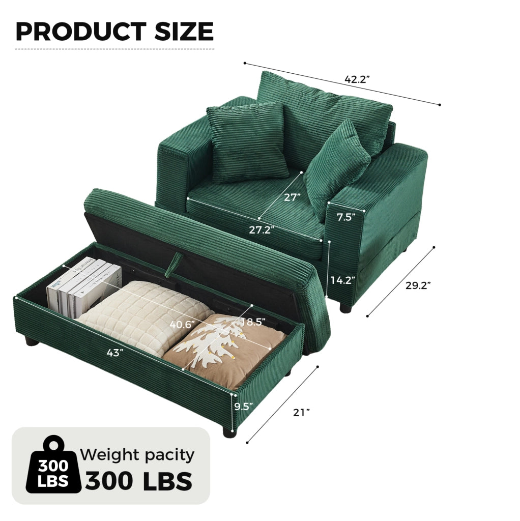 Chaise longue contenitore in velluto a coste verde smeraldo