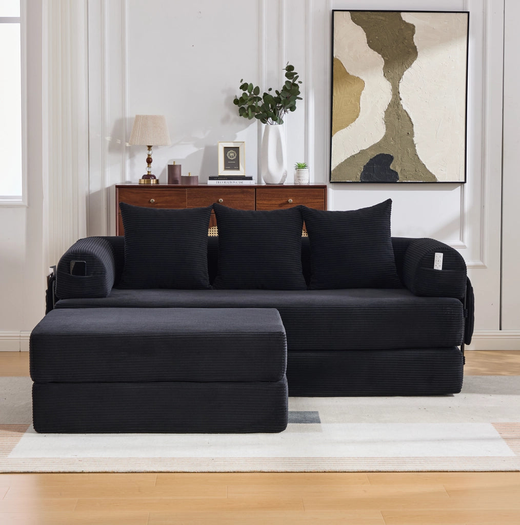 Divano modulare 200x190x67 cm con pouf e tasca laterale, rivestimento in velluto a coste nero