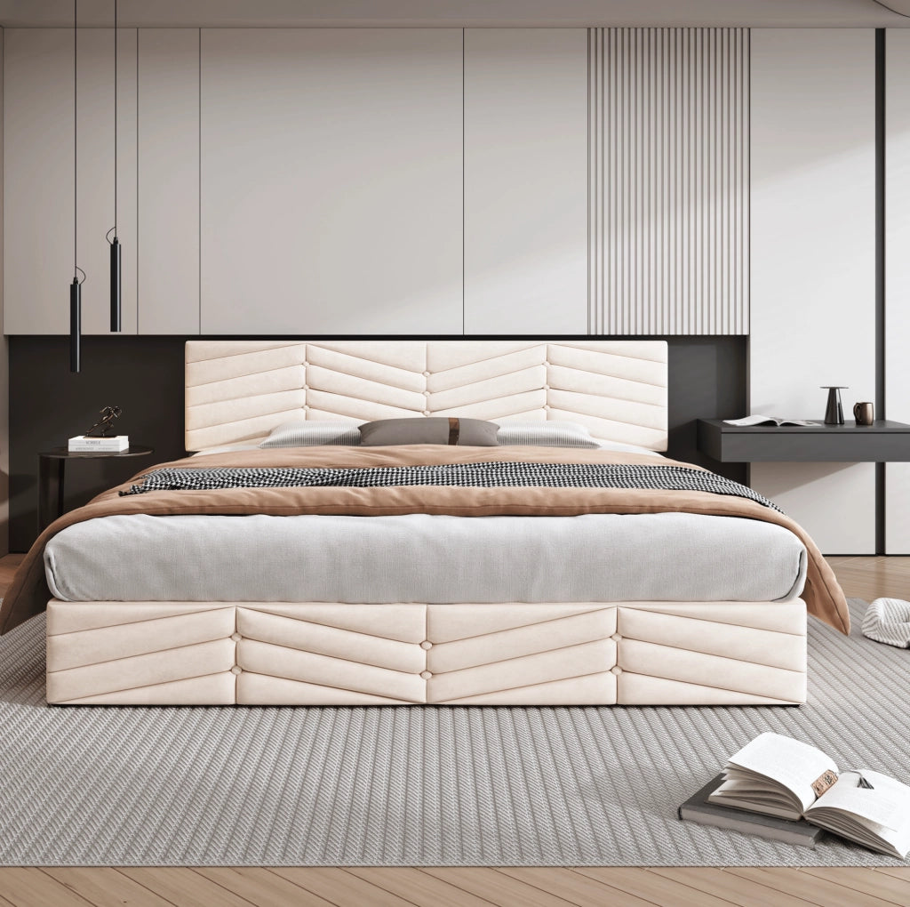 Letto matrimoniale imbottito in velluto beige 160x200 cm con contenitore idraulico e testiera regolabile