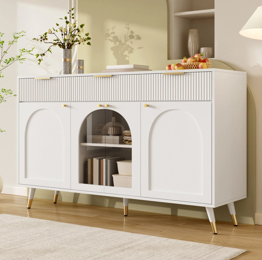 Credenza bianca 140 cm con 4 ante acriliche e 3 cassetti