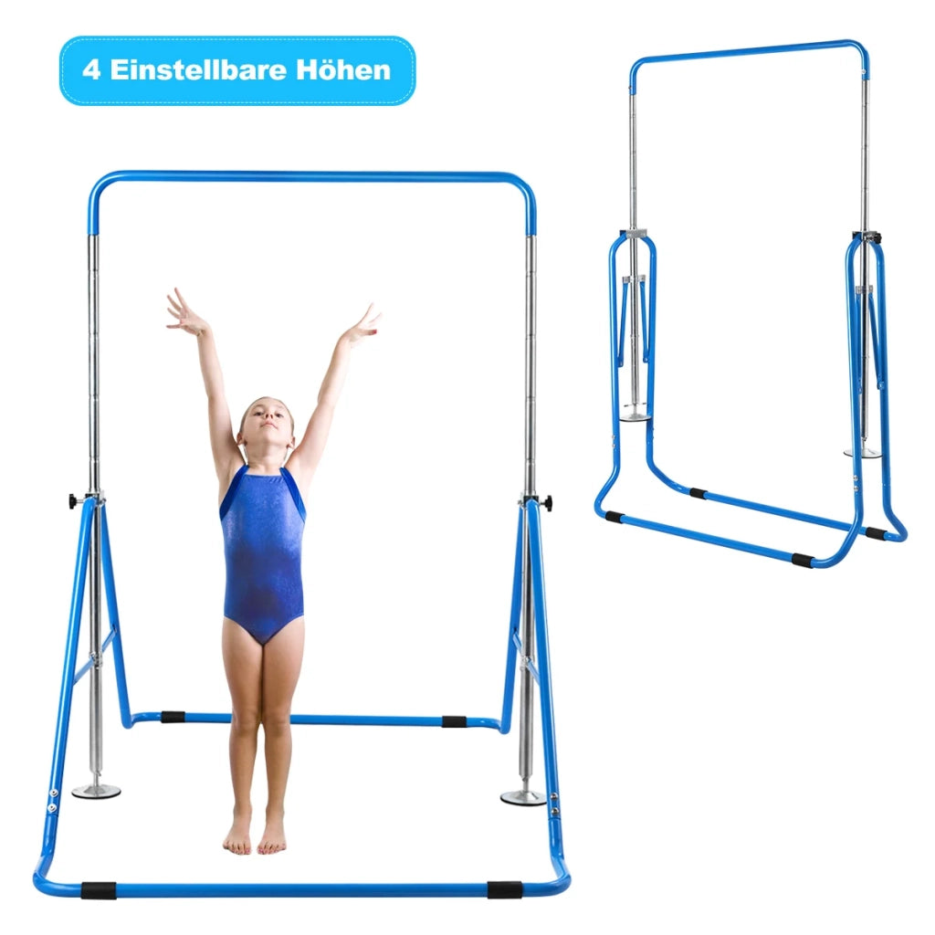 Barra da Ginnastica per Bambini Regolabile 90-130 cm, Sbarra Orizzontale Pieghevole in Ferro Blu