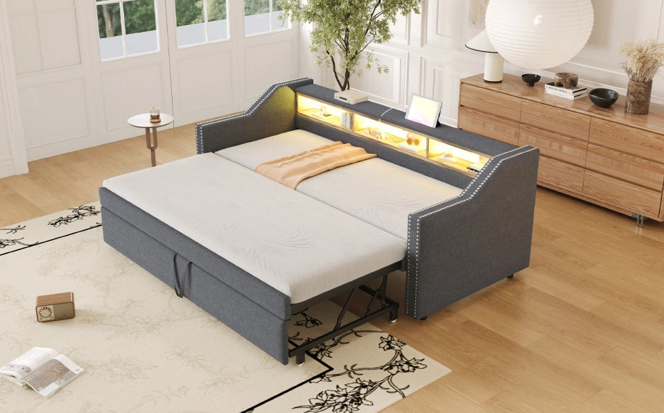 Divano Letto Salvaspazio con Contenitore, LED e Porta USB, 90/180 x 190 cm, Grigio Scuro, con Due Materassi a Molle