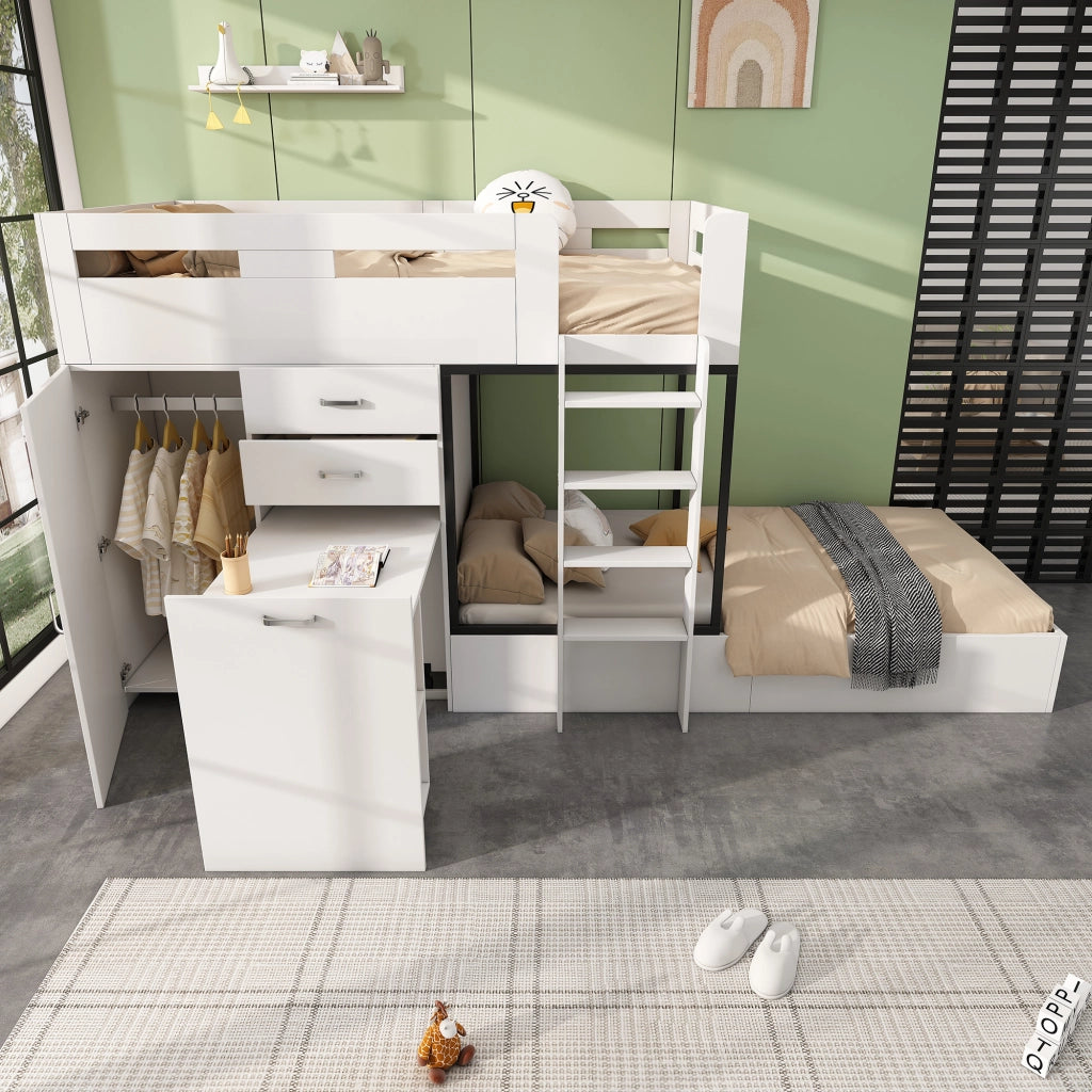 Letto a castello per bambini 90 × 200 cm con scrivania estraibile guardaroba cassetti ripiani MDF bianco e nero