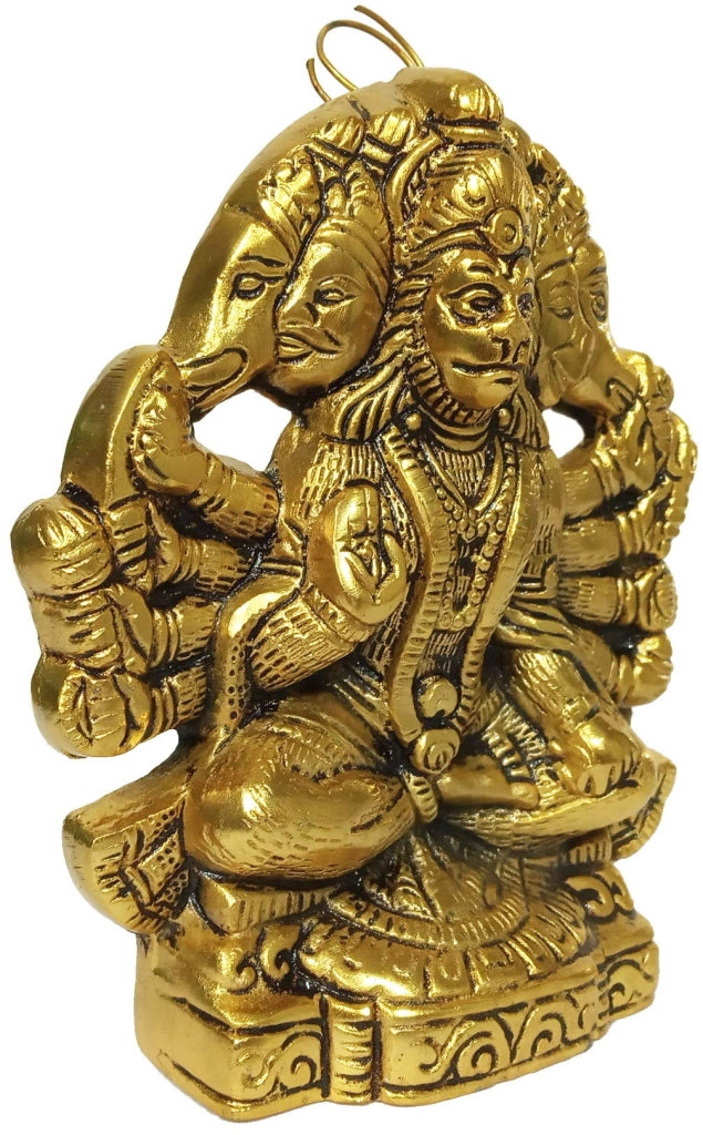 Supporto a parete in metallo, rappresentante Hanuman con cinque facce, color oro