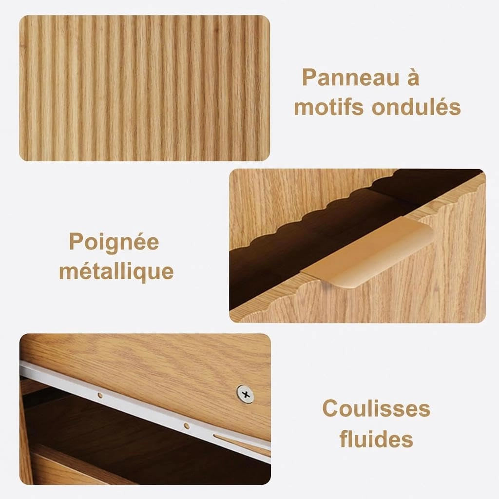 Cassettiera da camera da letto con 3 cassetti in MDF; pannelli scanalati; legno