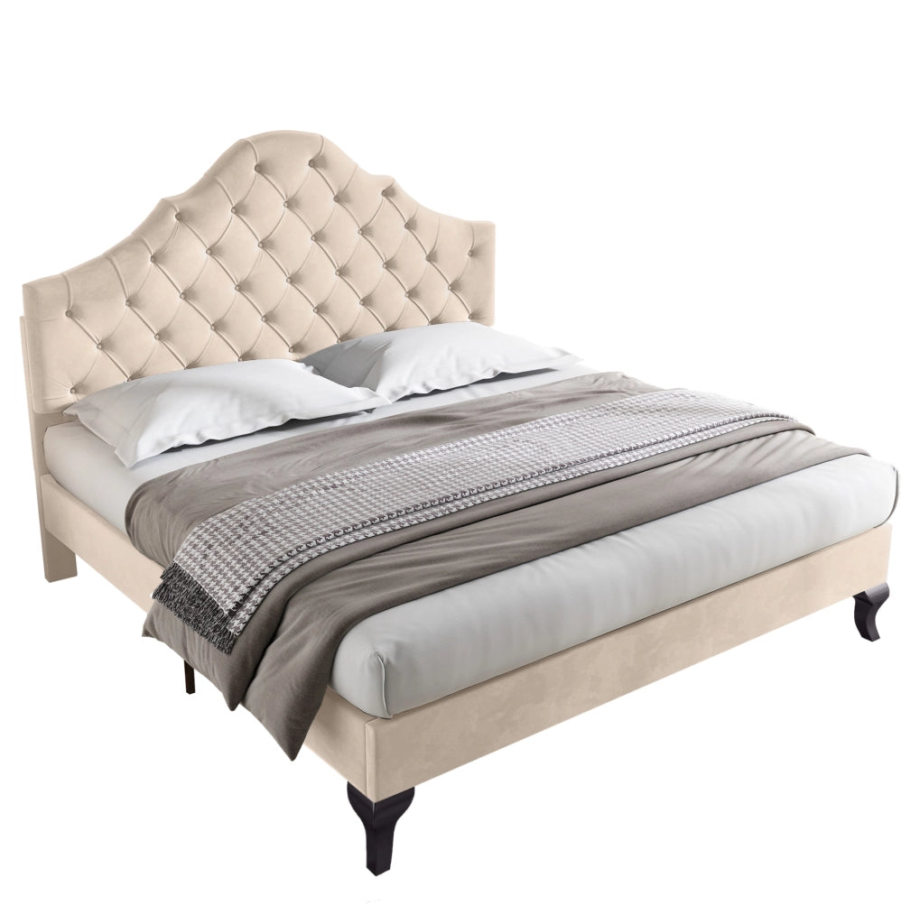 Letto imbottito per adulti 140x190 cm con testiera imbottita regolabile e rete a doghe in velluto bianco sporco, senza materasso