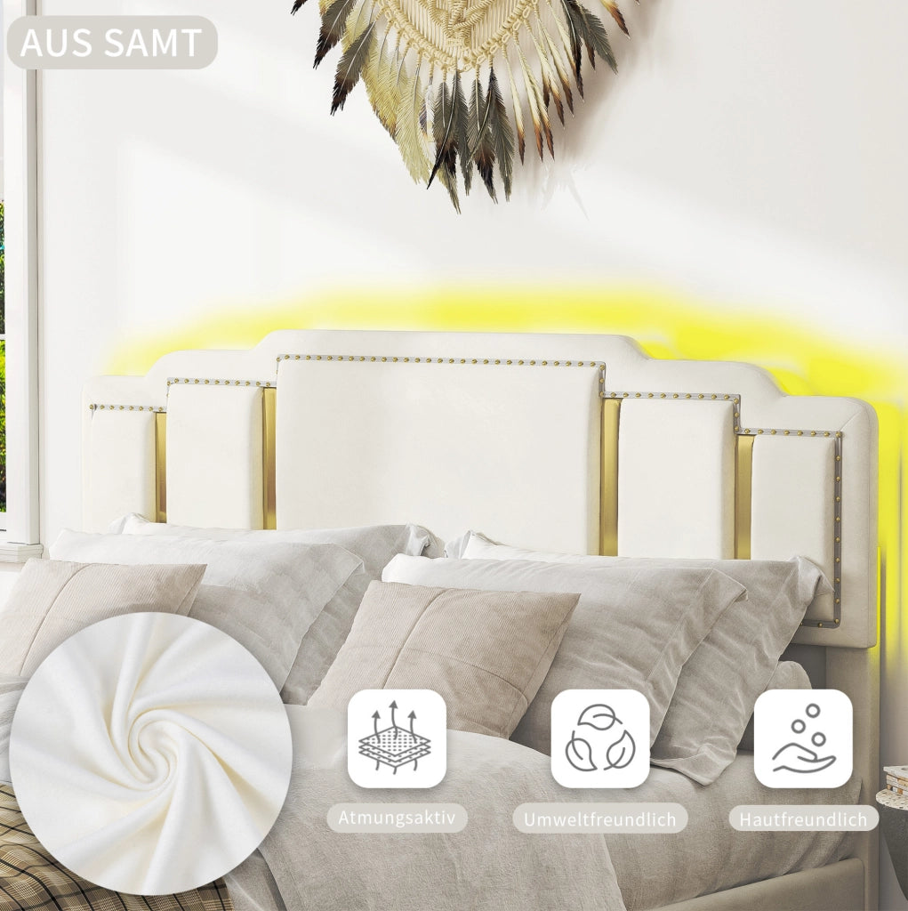 LETTO Imbottito 140x200 cm in velluto beige con LED e 4 cassetti