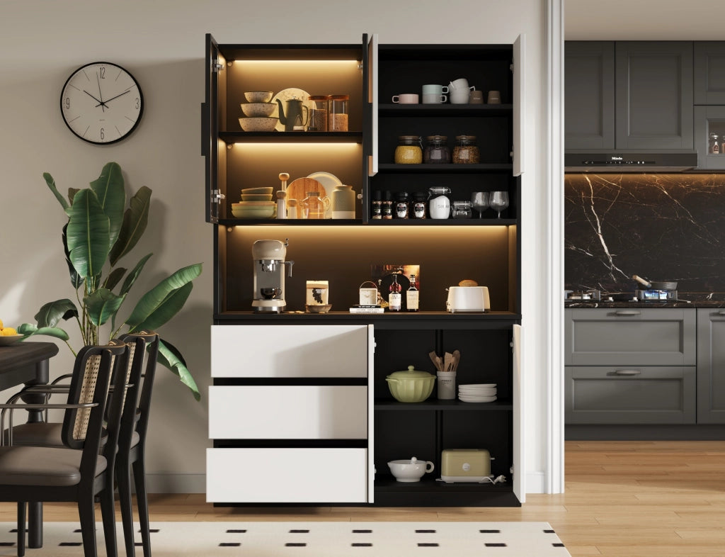 Credenza alta da cucina bianca e nera con LED, 120,5 cm