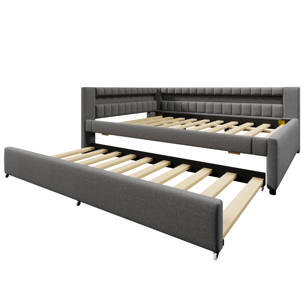 Letto Daybed con letto estraibile 140x200 cm in lino grigio con striscia LED, USB e TYPE-C