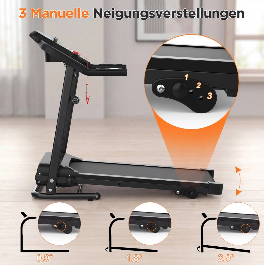 Tapis roulant pieghevole compatto per casa con maniglie, display LED multifunzione e 3 programmi, struttura in metallo, nero