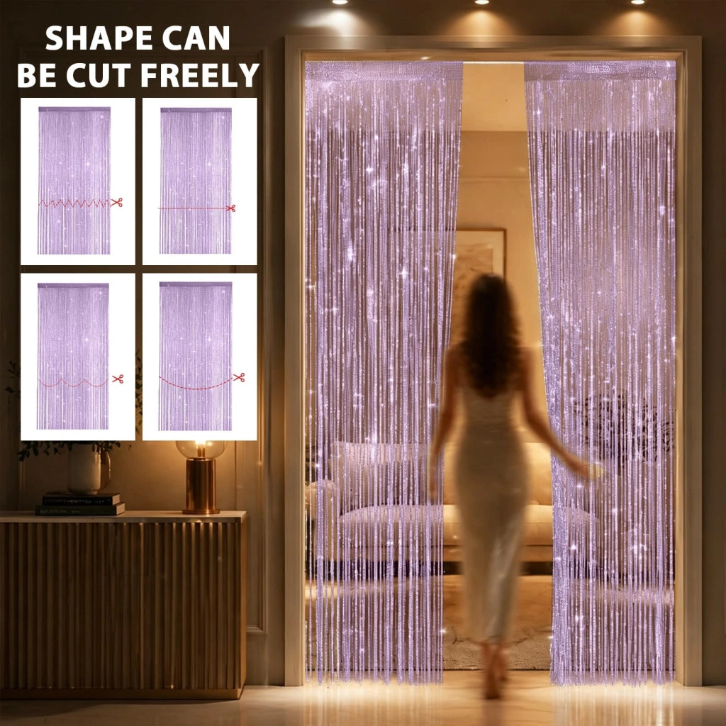 Set di 4 tende a filo, effetto glitter, 100x200 cm, color lilla chiaro