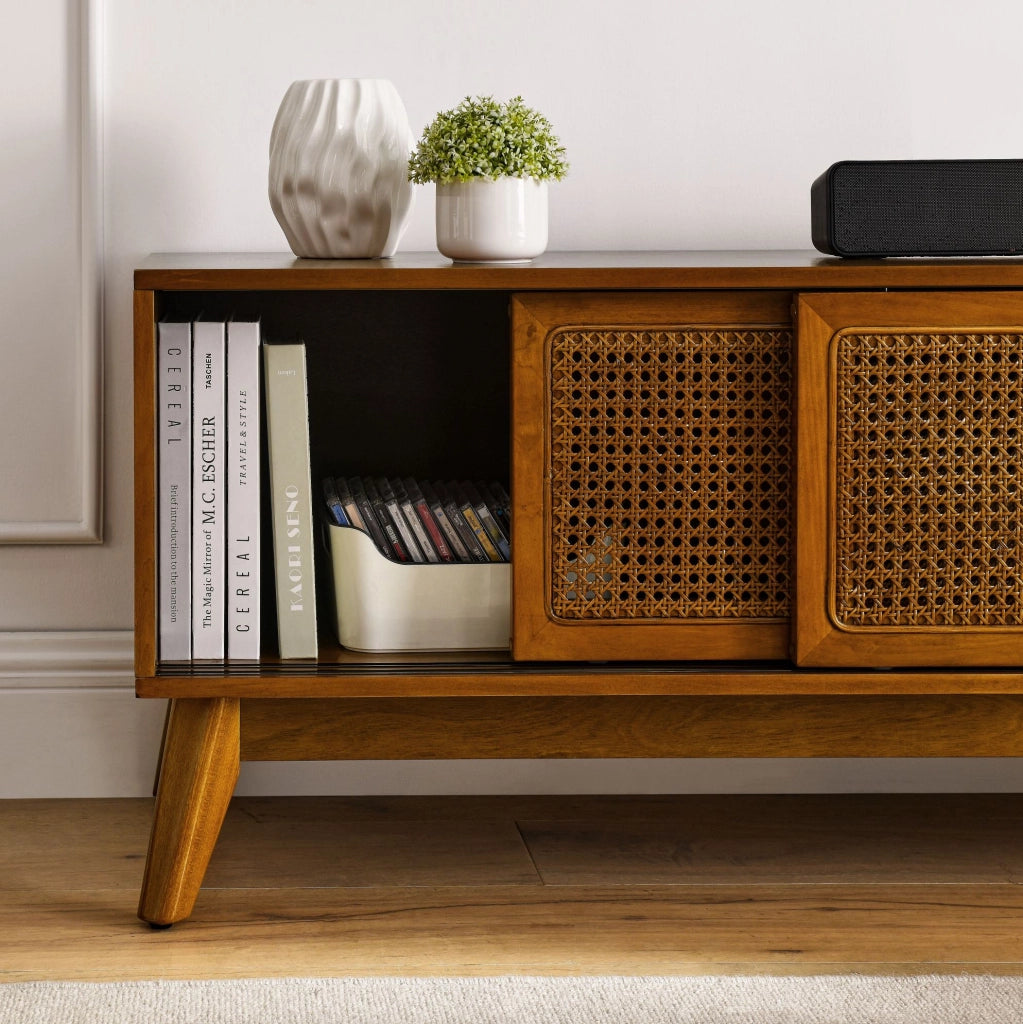 Mobile TV fino a 65 pollici con ante in rattan, colore noce
