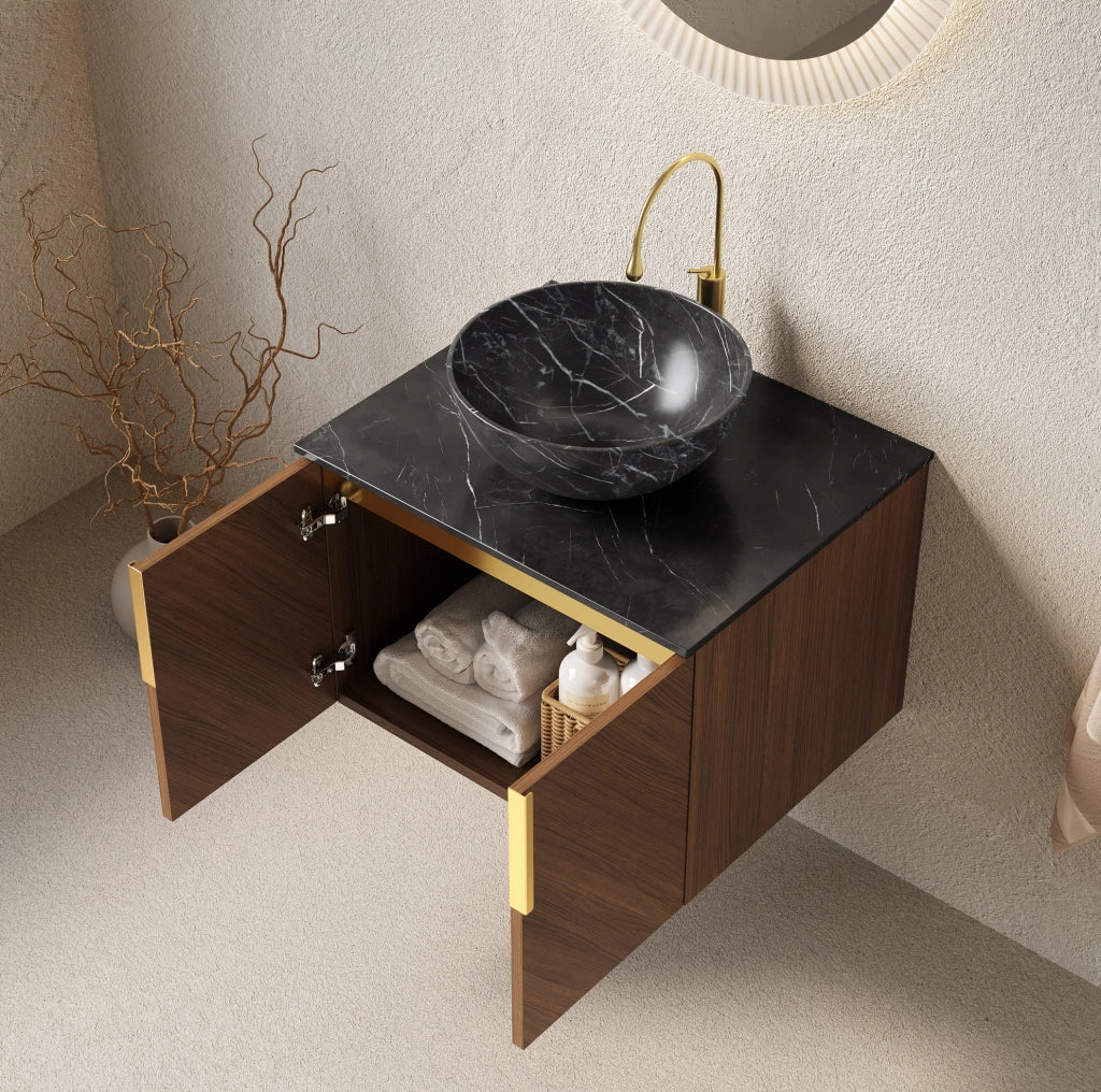 Mobile bagno ULEVR con lavabo da appoggio in ceramica nera, piano in pietra sinterizzata e 2 ante con chiusura ammortizzata
