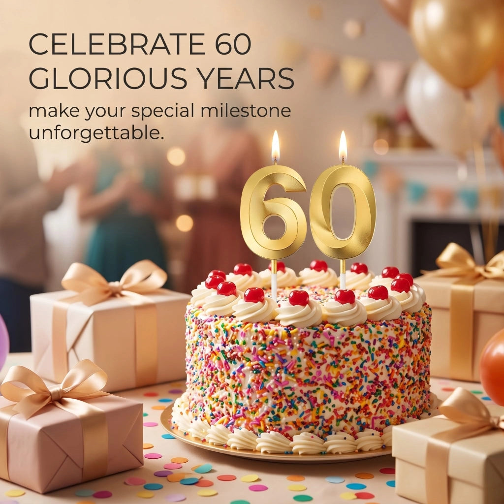 Set di candeline per compleanno, 60 anni, 2 pezzi, candeline per torte, 11,5 cm