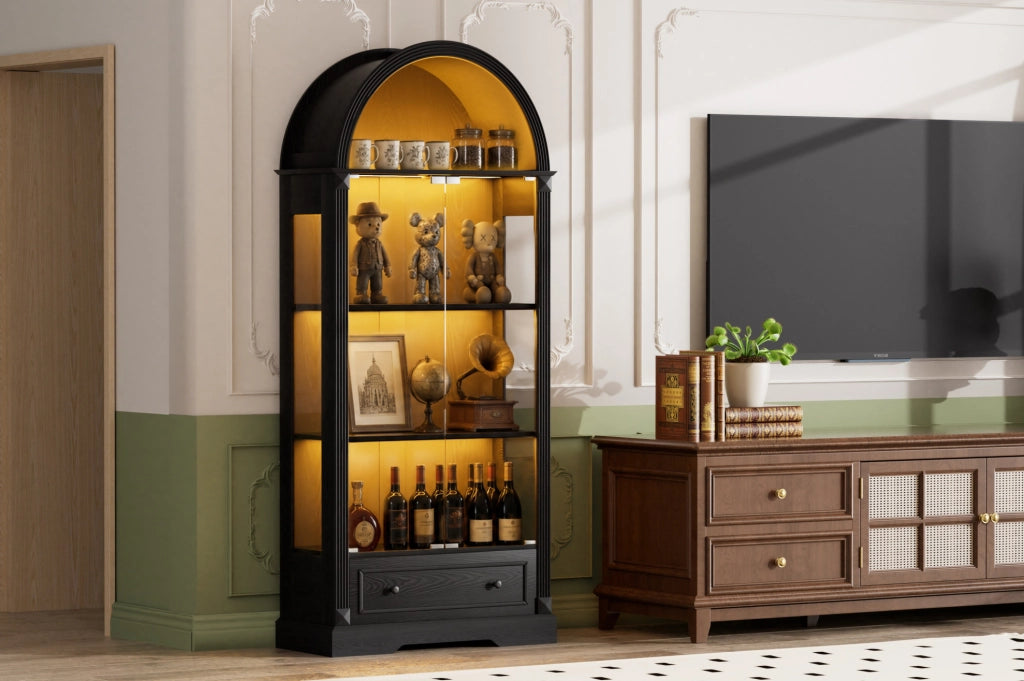 Vetrina ad arco nera in MDF e vetro, 80 × 35 × 180 cm