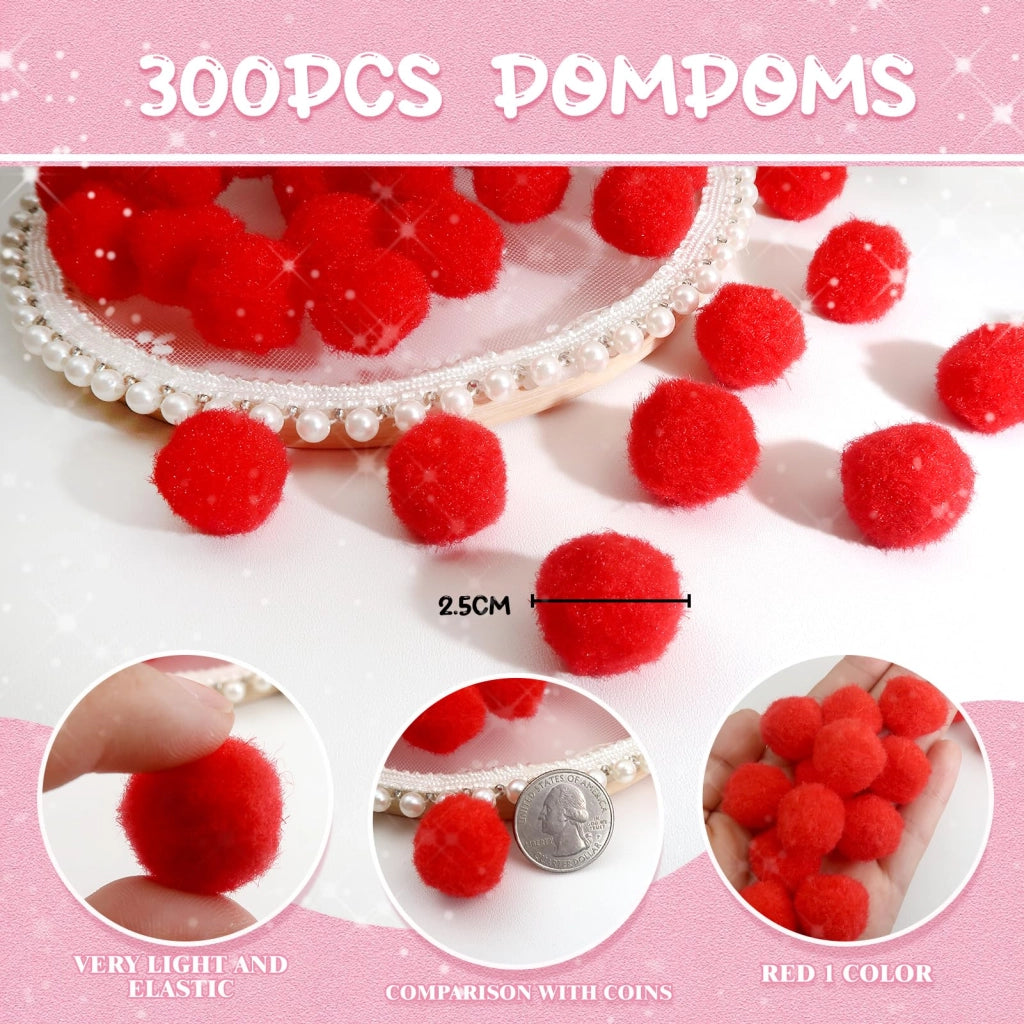 300 pezzi pon pon 25 mm, palline soffici rosse in polipropilene per lavoretti fai-da-te e decorazioni
