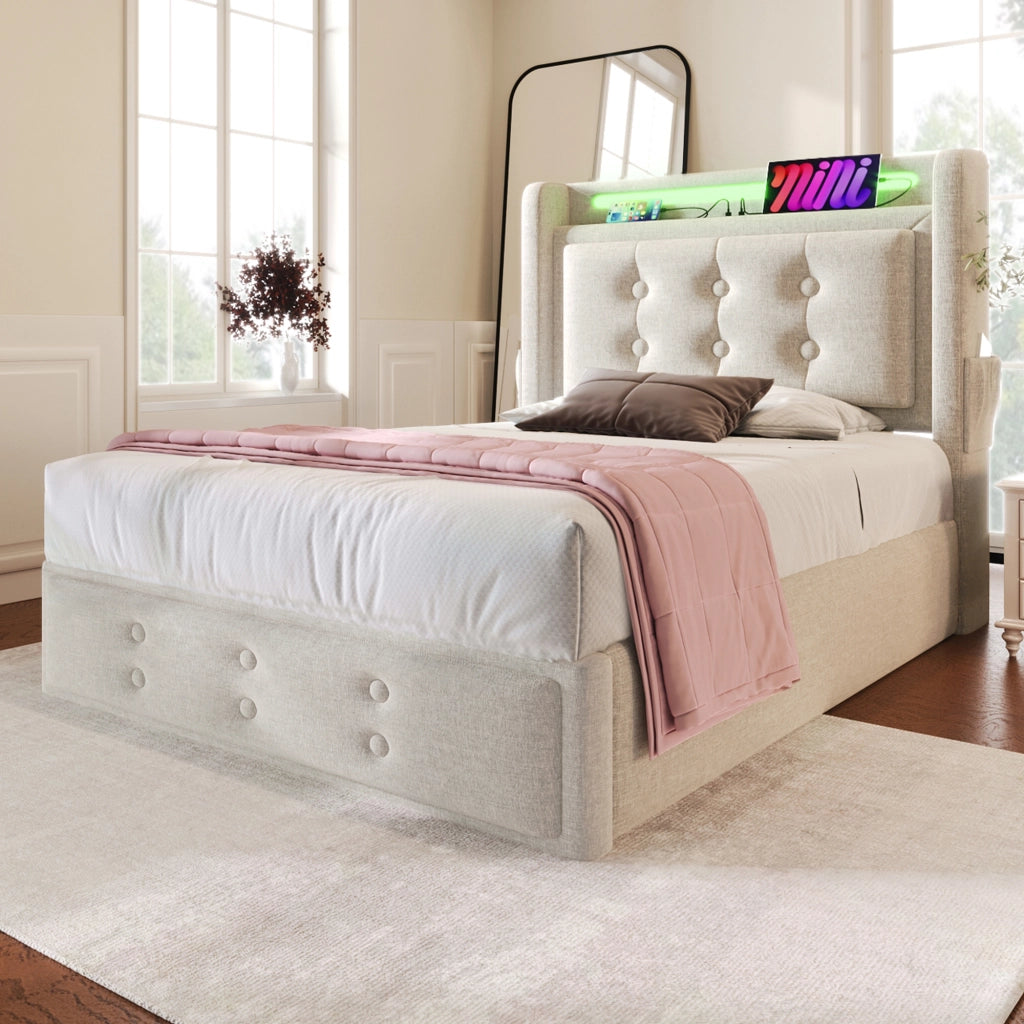 Letto singolo 90 ¡Á 200 cm imbottito con porte USB e USB Type-C testiera a pannelli rivestito in lino grigio